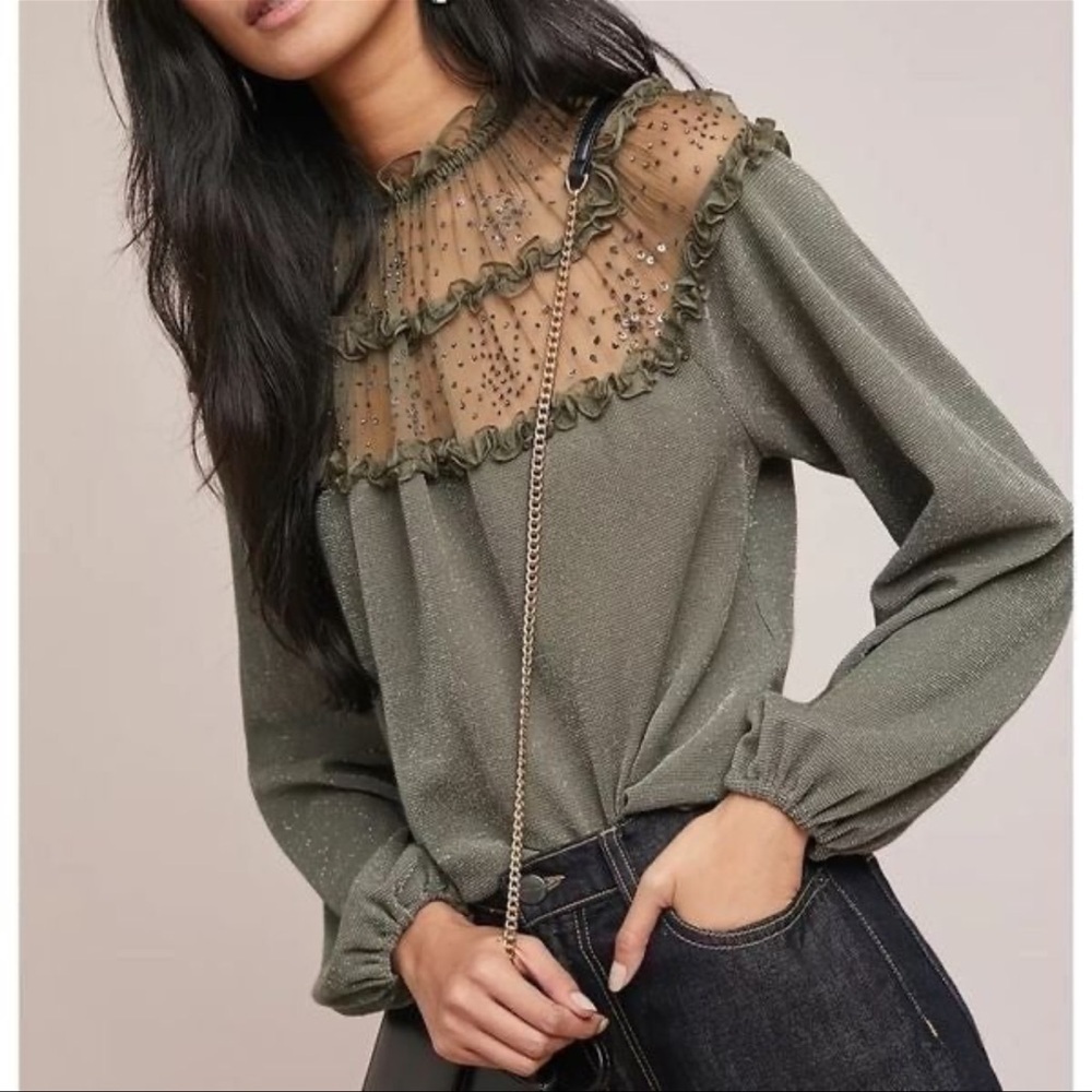 Ranna Gill Anthropologie Green Bowen Ruffle Sequin Metallic Shimmer Top Blouse